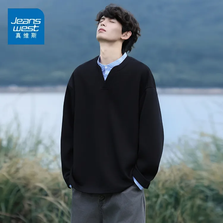 真维斯长袖t恤男秋季美式休闲假两件卫衣男款宽松复古衬衫领上衣T