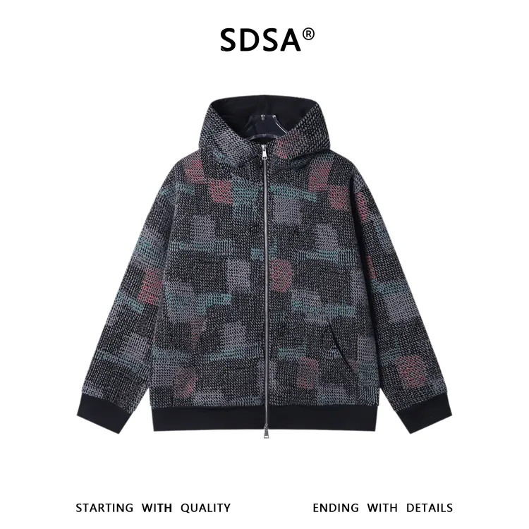 SDSA秋冬新款痞帅男装潮牌不规则撞色格子拉链立领连帽卫衣外套潮