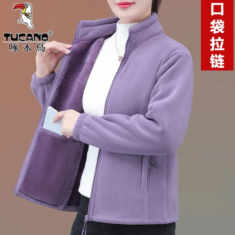 啄木鸟双面拉链立领抓绒衣2025秋冬季新款短外套加绒加厚户外上衣