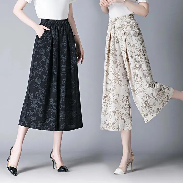 冰丝国风裙裤女2025夏季新款复古碎花休闲裤宽松显瘦垂感七分裤子