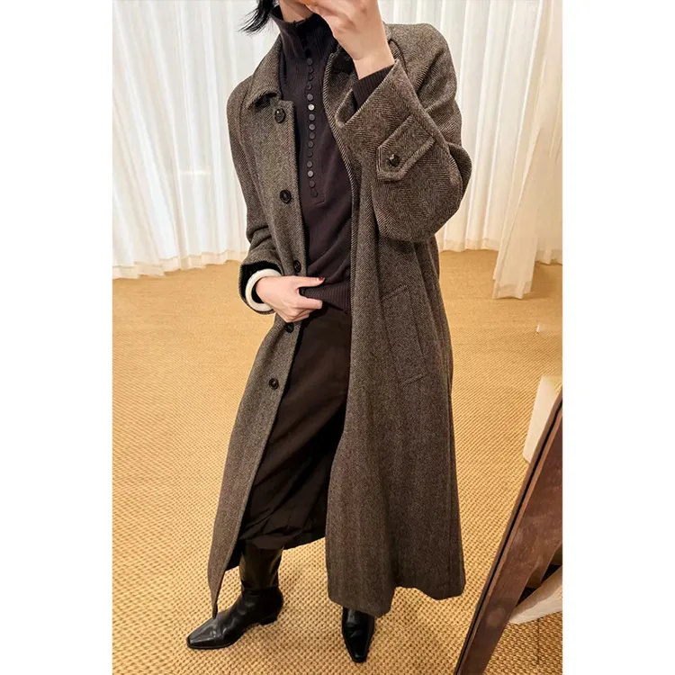 HERLAND她地 宽松型厚款通勤风常规款毛呢外套长款宽松时尚大衣