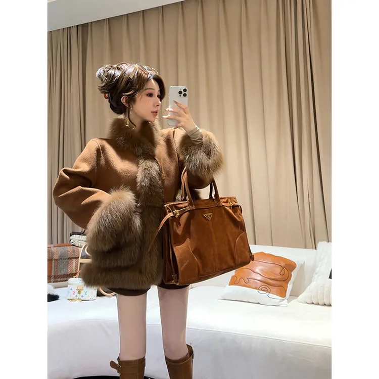 小雨姐姐【赛尔秘境】休闲时尚复古双面呢加厚毛领外套女秋冬新款