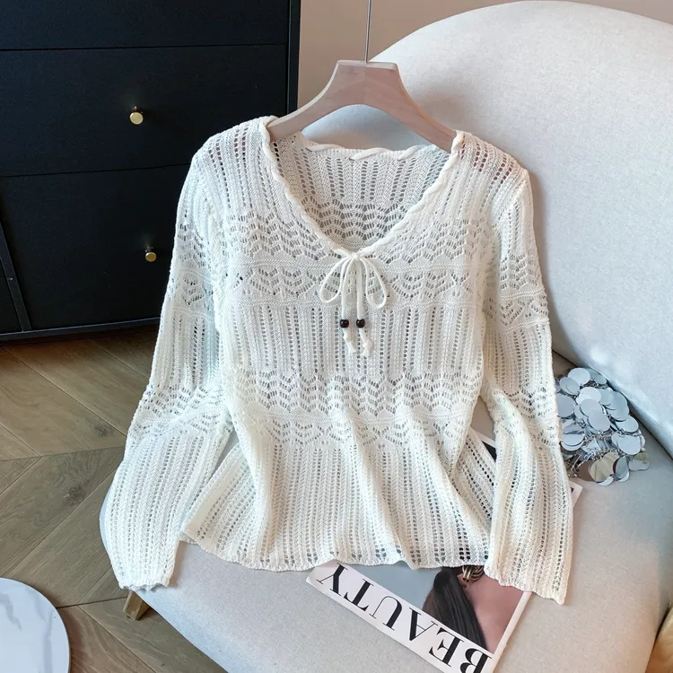 V领镂空针织衫女2025秋季新款宽松百搭遮肉显瘦漂亮小衫上衣打底