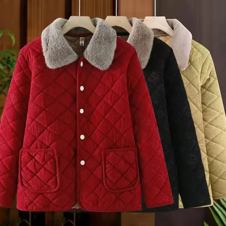 秋冬新款洋气加绒加厚外套中老年大码棉衣加绒棉服棉袄百搭