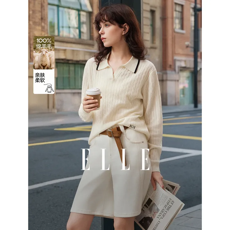 【100%绵羊毛】ELLE女装绞花毛衣2025冬季新款针织衫EM53354