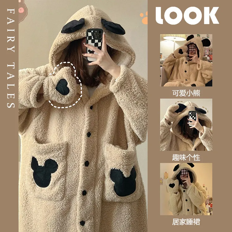 甜美可爱珊瑚绒长袖睡衣女秋冬季新款加绒加厚家居服长款睡袍2025