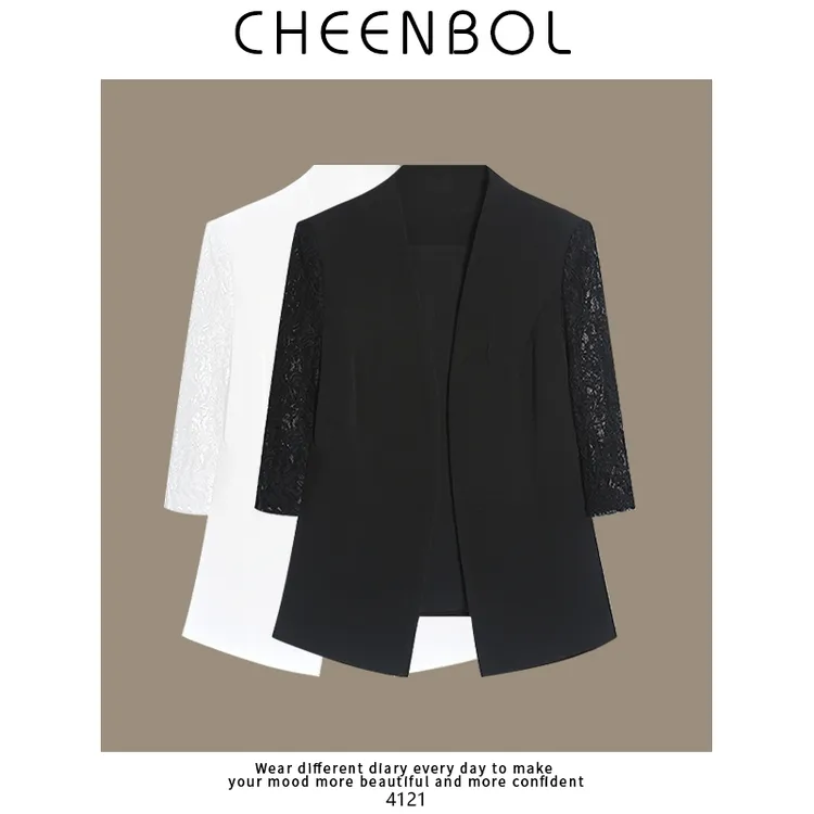 4121黑色西装外套女春秋蕾丝设计感小众高端气质休闲七分袖小西服