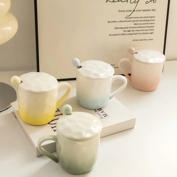 高颜值渐变茶杯大容量马克杯可爱带盖陶瓷杯家用喝水杯情侣杯【ZS】