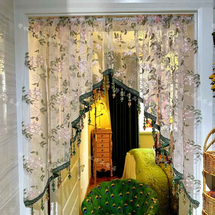 轻奢绿韵流苏边碎免打孔安装隔断门帘纱帘蕾丝布艺卧室厨房隔断