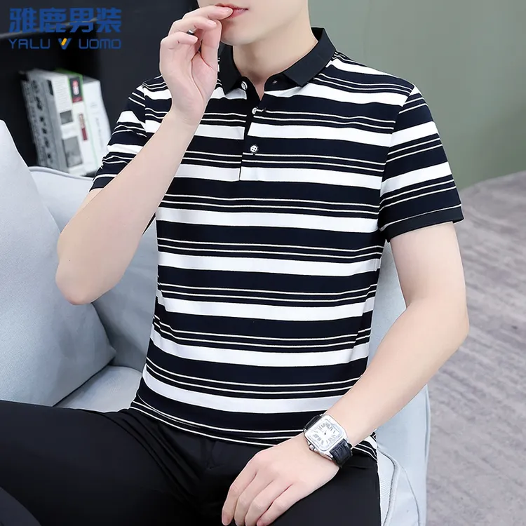 雅鹿男装条纹短袖t恤男士夏季纯棉2025新款潮牌休闲衬衫领polo衫