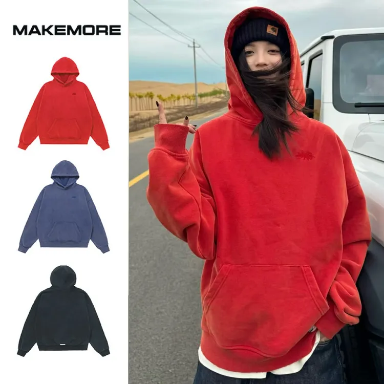 Makemore{重工水洗}连帽卫衣新款红色纯棉美式重磅刺绣情侣装上衣