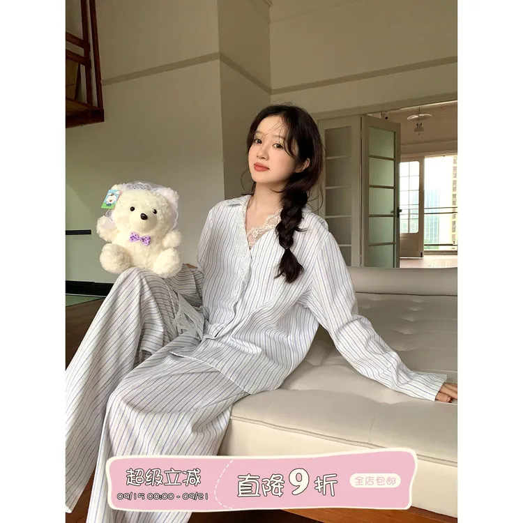 2025新款甜美蕾丝边条纹睡衣爆款薄款女秋季长袖可外穿家居服套装