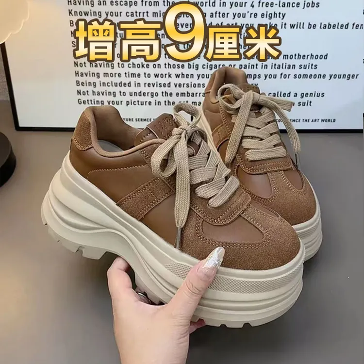 轻便厚底老爹鞋女ins潮2025秋季新款松糕鞋时尚增高真皮休闲运动
