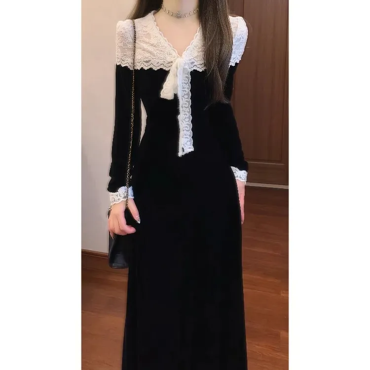 【费城情书】法式优雅千金风蕾丝拼接针织连衣裙收腰气质长裙9749