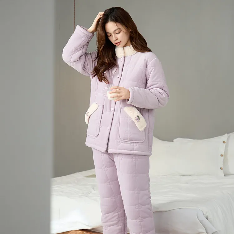 三层夹棉紫加绒加厚省服可外穿秋冬季大码家居服套装睡衣女