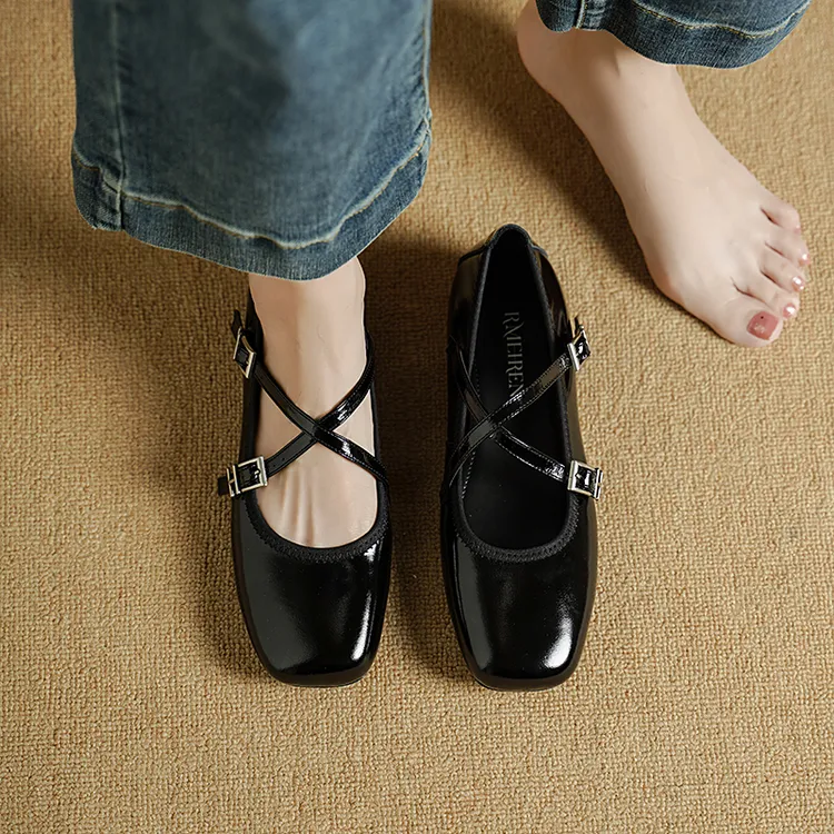 浅口搭扣方头法式交叉绑带单鞋黑色皮鞋职场休闲风法式方头平底