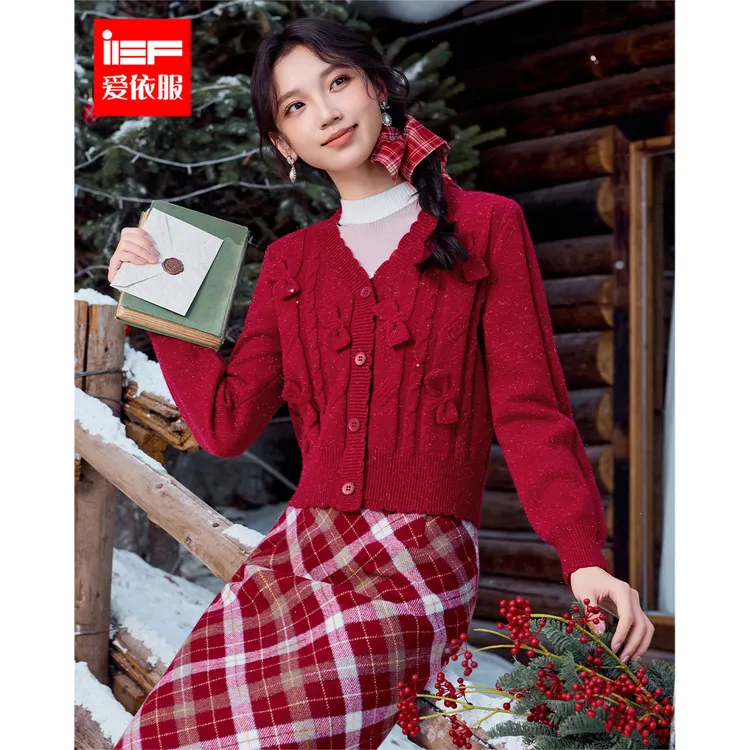IEF/爱依服2025冬季新款红色新年显瘦蝴蝶结V领百搭精致毛织上衣