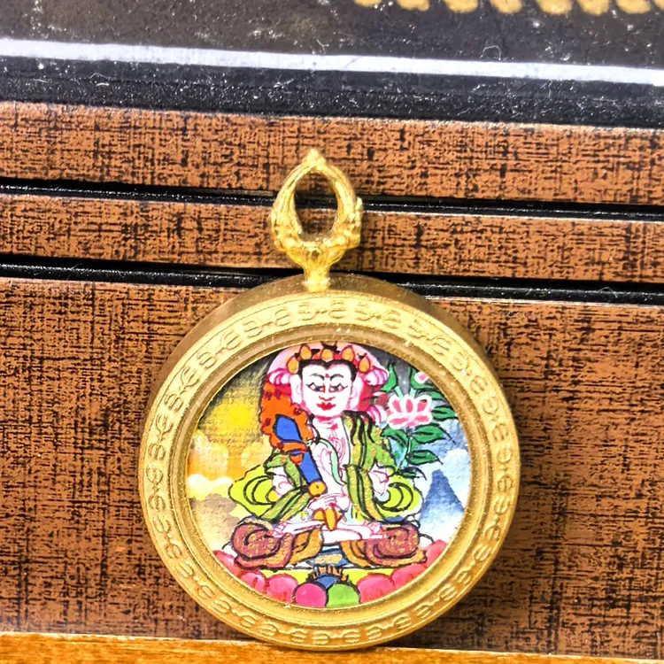 圆2.0cm手绘绿度母文殊菩萨十二生肖小圆唐卡吊坠