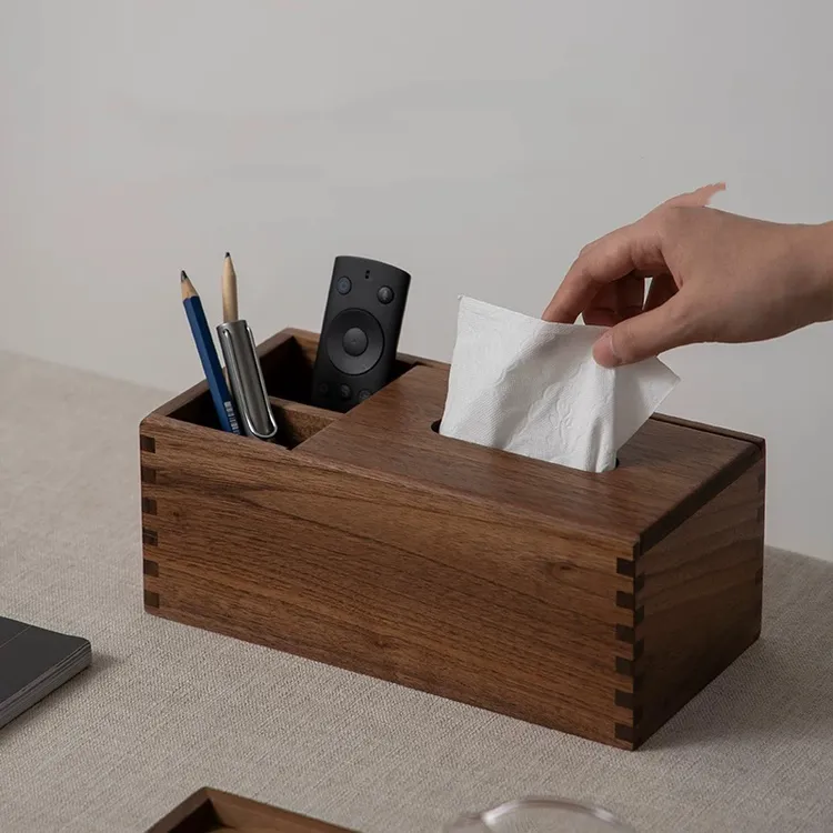 北美黑胡桃木多功能纸巾盒客厅茶几实木桌面笔筒遥控器收纳盒