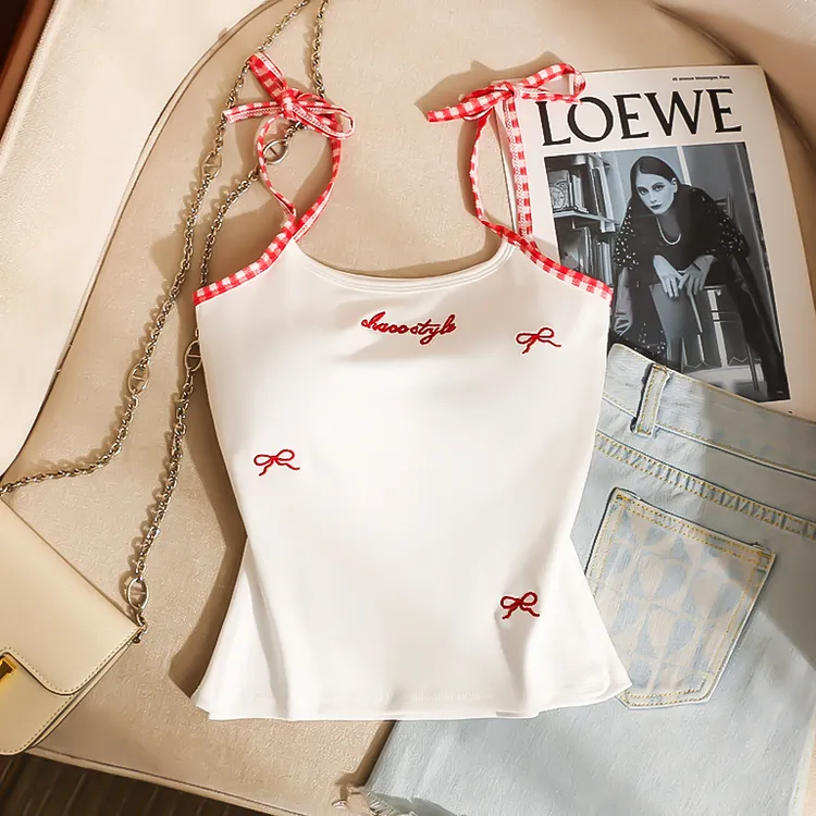 辣妹蝴蝶结吊带背心女夏外穿性感美背修身显瘦带胸垫打底抹胸上衣