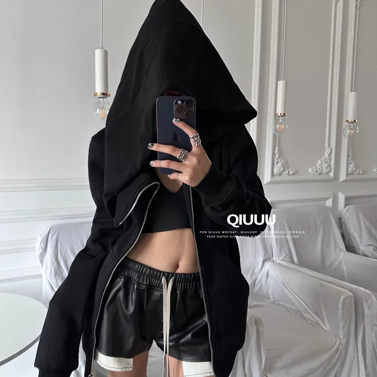 『Qiuuus』暗黑先锋经典大巫师宽松斜拉链加绒连帽卫衣外套男女同款