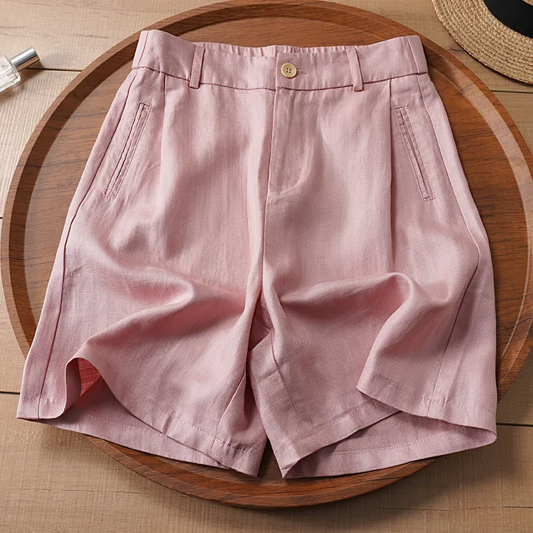 高档天丝亚麻五分短裤女2025夏季薄款松紧高腰宽松休闲棉麻直筒裤