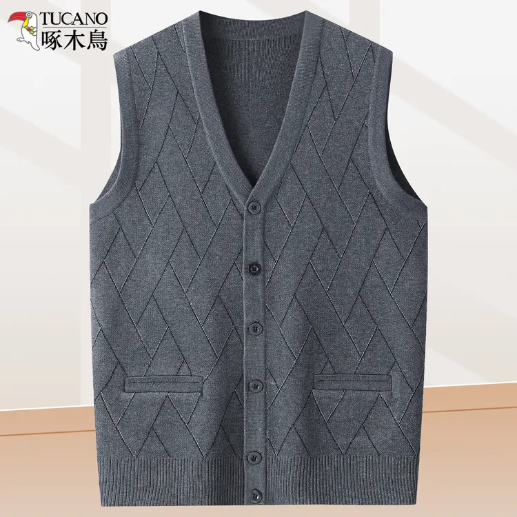 啄木鸟爸爸装保暖针织马甲中老年人男士爷爷开衫背心毛衣春秋冬款