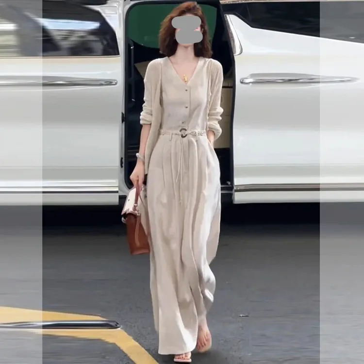 纯欲慵懒风气质套装女2025春秋新款收腰背心连衣裙针织开衫两件套