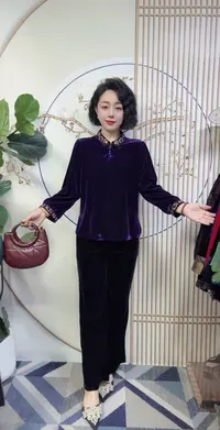 秋季新款中老年妈妈时尚重工刺绣丝绒长袖宽松上衣