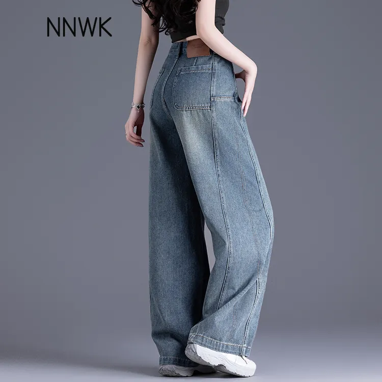 复古蓝加绒休闲牛仔裤女2025秋冬宽松加厚弯刀阔腿裤高腰显瘦裤子