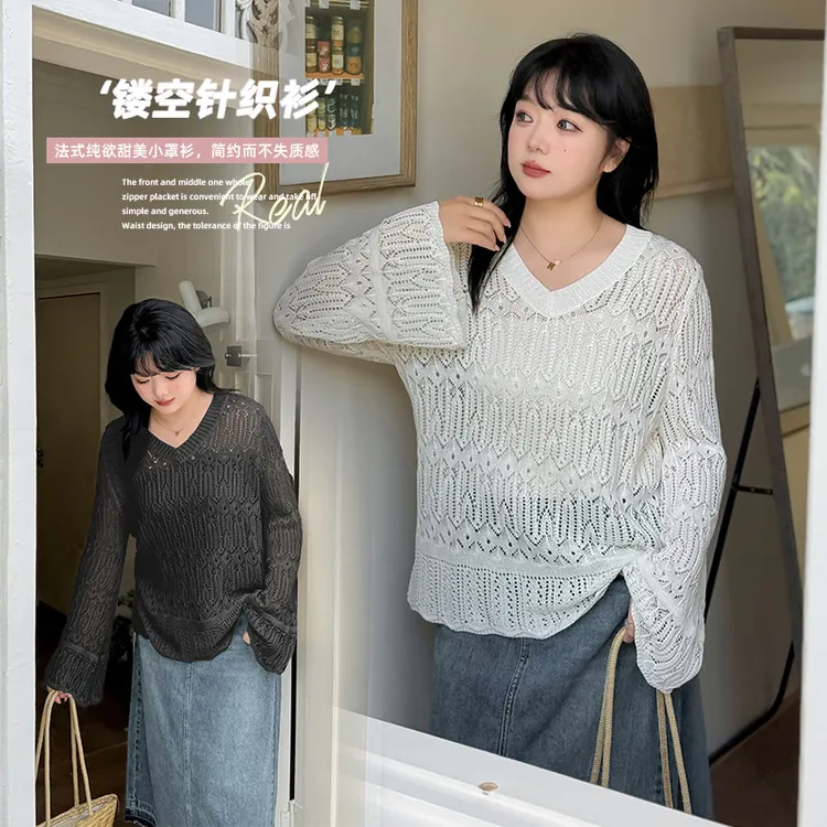 伊诺大码女装慵懒风喇叭袖镂空显瘦罩衫春季新款时尚毛衫132000