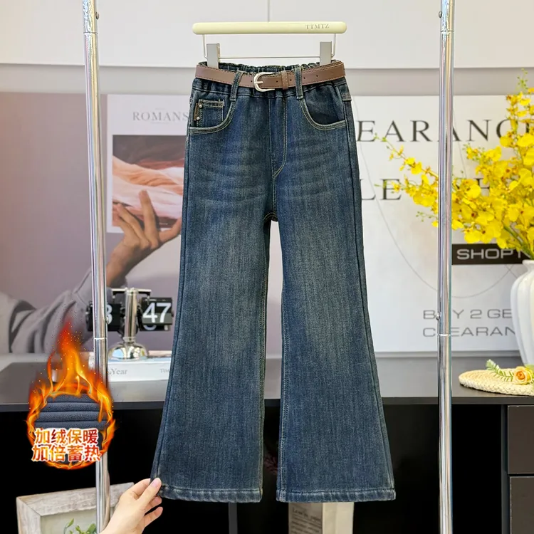 【实体弹力.加绒弹力】女童牛仔裤中大童显瘦家伙刺绣喇叭裤潮3911