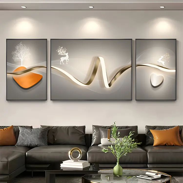 轻奢高级沙发背景墙装饰画三联画现代简约带框客厅立体感晶瓷