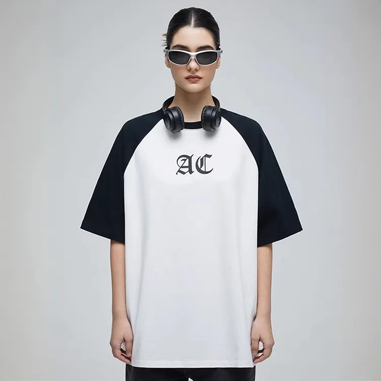 纯棉拼接撞色正肩t恤男女痞帅夏季插肩袖圆领宽松上衣学生体恤ins