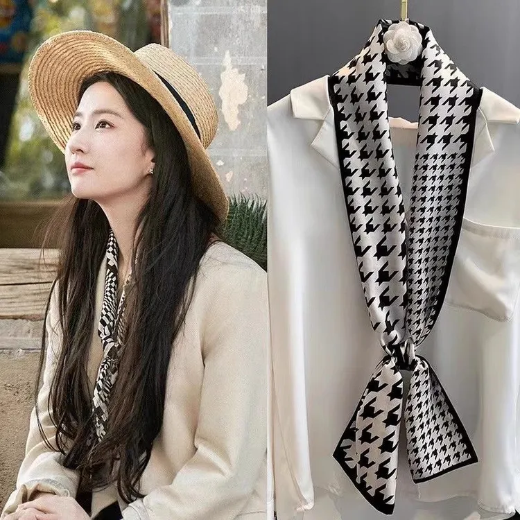 复古港风千鸟格丝巾春夏时尚黑白复古外搭简约长条围巾