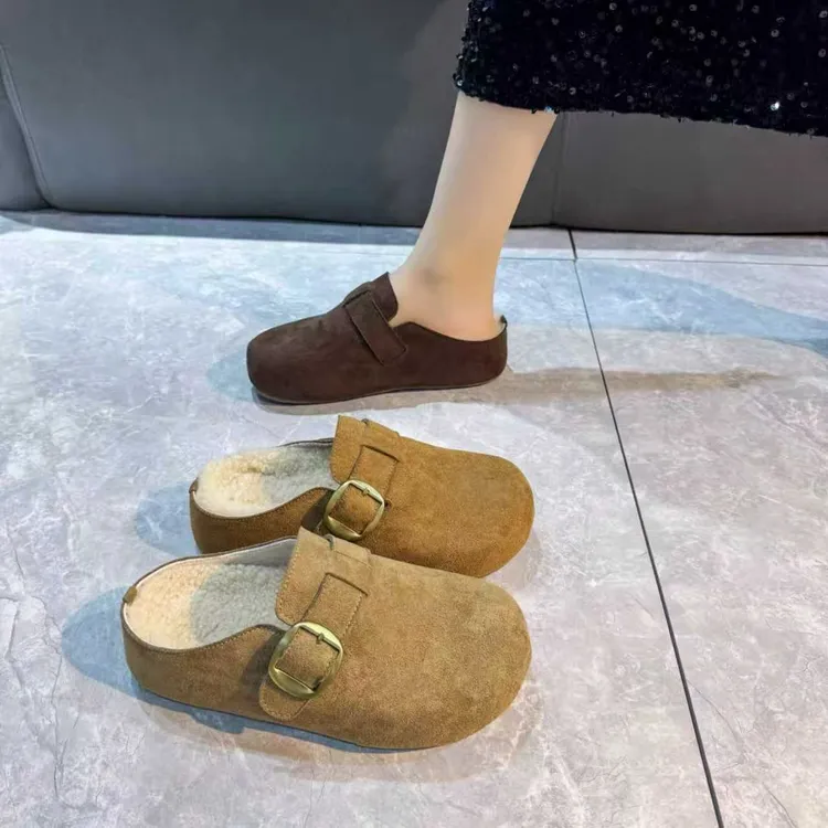 包头拖冬季圆头包头款搭扣半托平底纯色森系个性风