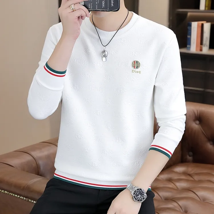 景君澜卫衣男时尚春秋新款欧货潮流休闲白色长袖t恤加绒圆领秋衣