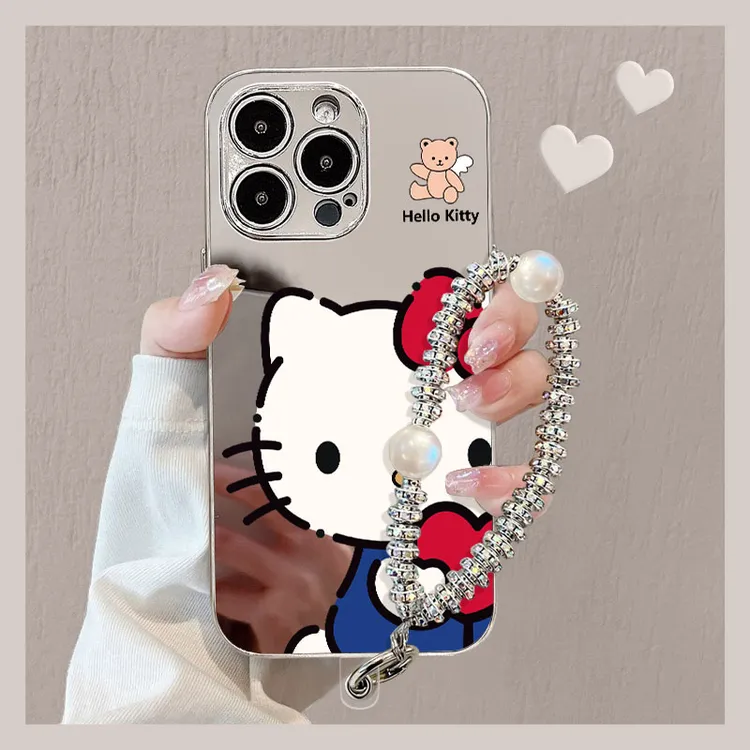 kt猫抱爱心电镀镜面壳适用苹果16华为vivo小米oppo女高级感手机壳