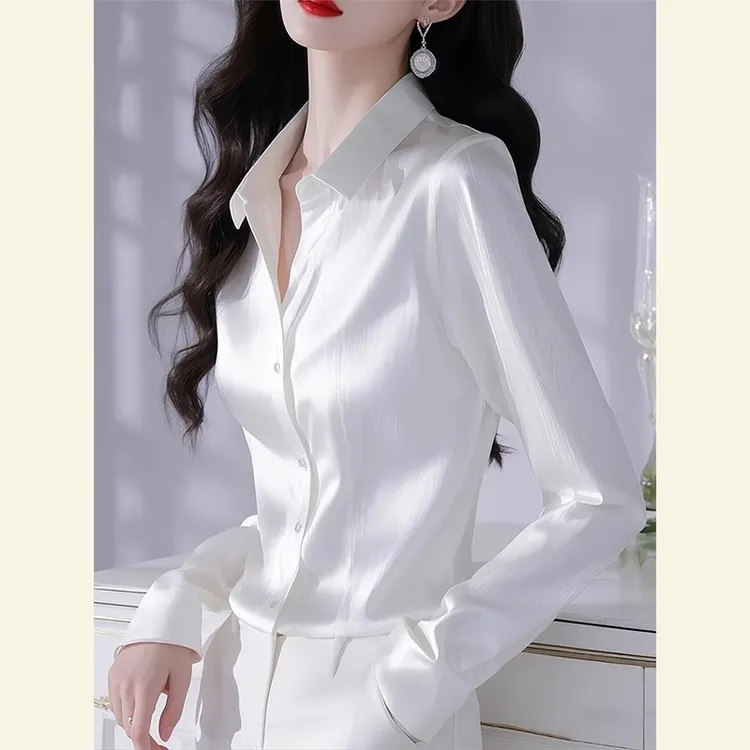春季法式独特漂亮上衣轻奢洋气高级感超好看水光醋酸缎面白色衬衫