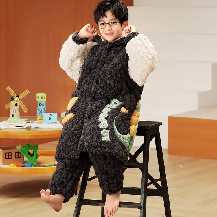 睡袍男童男孩珊瑚绒三层长款加厚睡衣冬季儿童浴袍夹棉法兰绒冬天