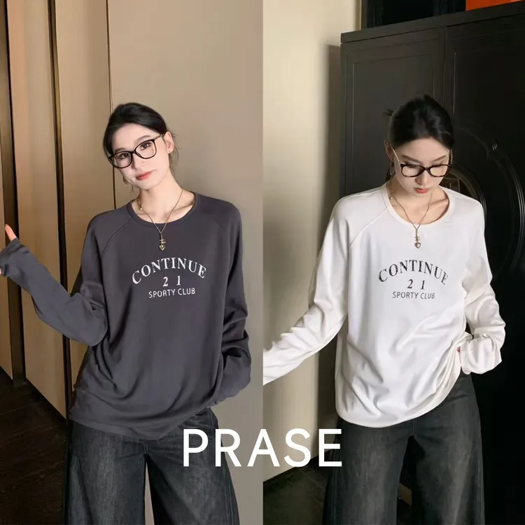 PRASE·噜【简系字母T】圆领插肩袖印花休闲长袖针织T恤PR507B84