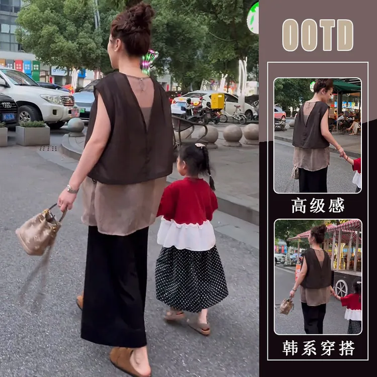 咖色网纱拼接无袖衬衫女2025夏季欧货时尚洋气上衣宽松阔腿裤套装
