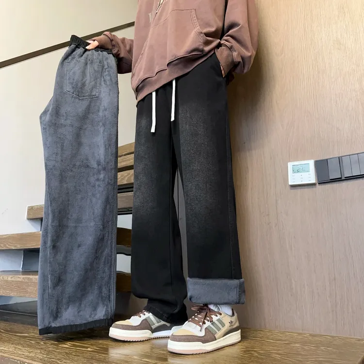 冬季加厚美式高街阔腿水洗复古牛仔裤男士加绒休闲直筒长裤男裤子