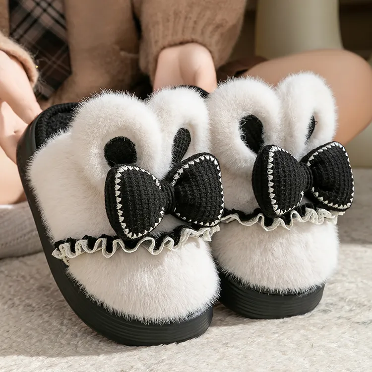 蝴蝶结小兔棉拖鞋女冬季室内加绒保暖可爱毛毛绒加厚防撞棉拖外穿