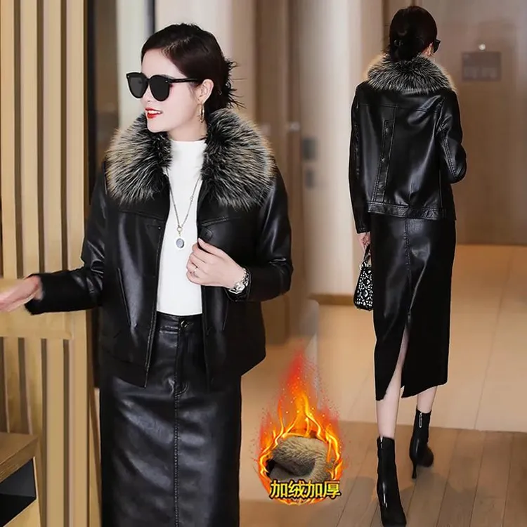 时尚洋气加绒加厚短款皮衣外套女秋冬新款时髦保暖PU皮夹克皮棉袄
