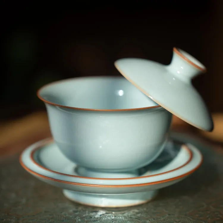 简匠汝窑当代天青釉开片悬停元宝盖碗汝瓷三才盖碗100ml