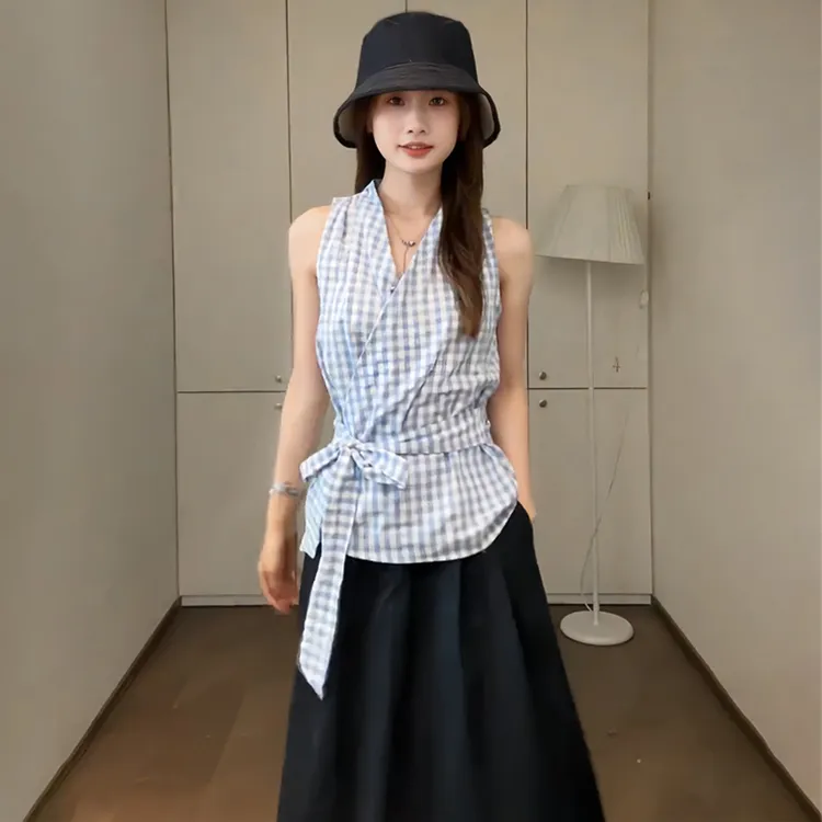 微胖mm显瘦遮肉格纹绑带吊带背心女夏外穿大码收腰巨好看无袖上衣