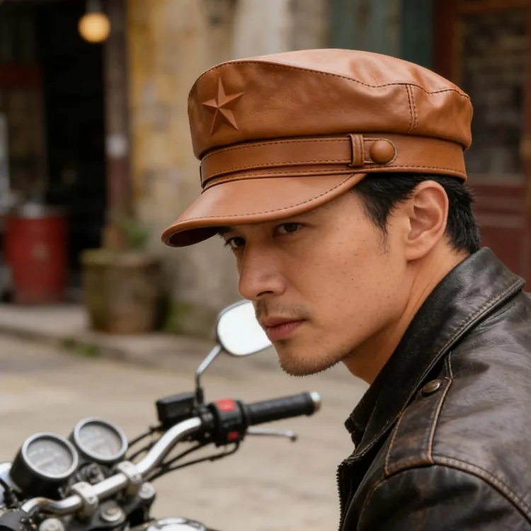 海宁真皮帽子男士中老年棕色俄罗斯五角星牛皮水手船长帽机车帽子