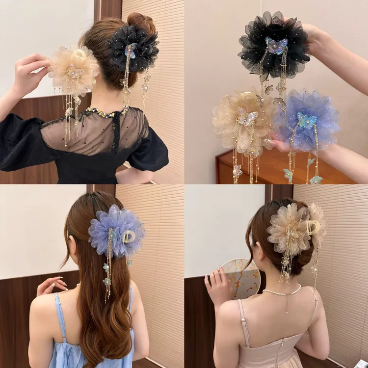 【流苏吻花】春夏新款流苏蝴蝶网纱花朵抓夹气质百搭显发量鲨鱼夹