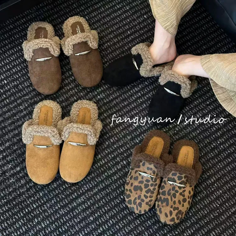 秋冬外穿一脚蹬包头拖豹纹百搭风时尚大牌欧美小众包头拖鞋